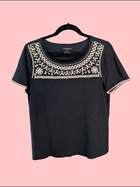 Talbots Dark Blue Short-Sleeve Tee with Cream Floral Embroidery